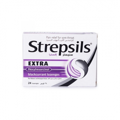 shop now Strepsils Extra (B.Currant] Lozenges 24'S  Available at Online  Pharmacy Qatar Doha 
